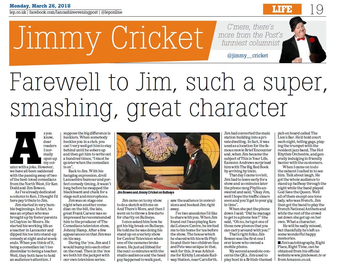 Jimmy Cricket paid tribute to Jim Bowen in the Lancashire Evening Post